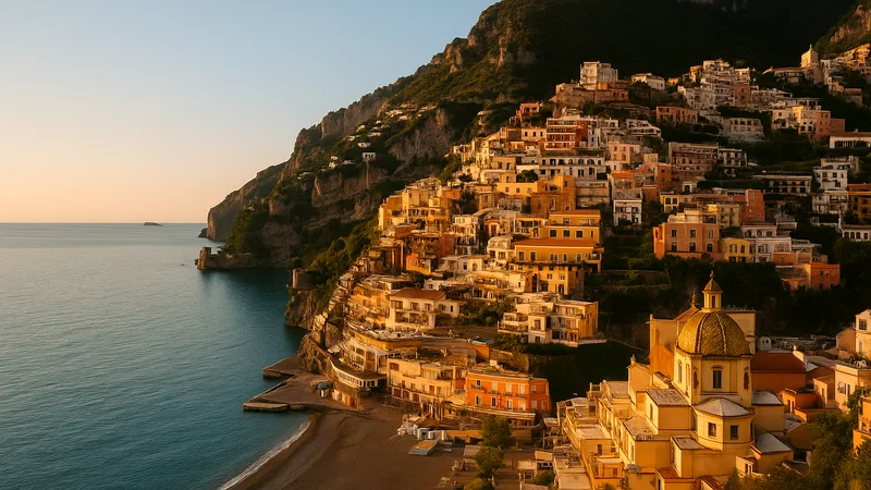 Pastel houses of Positano cascading down cliffs to the beach at golden hour.