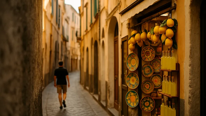 Narrow Amalfi street lined with shops displaying ceramics and hanging lemons.