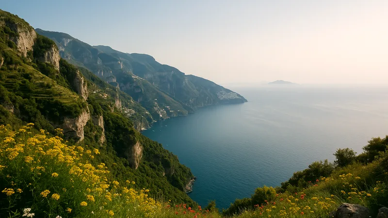 Path of the Gods view over terraced cliffs and coastline toward Capri.