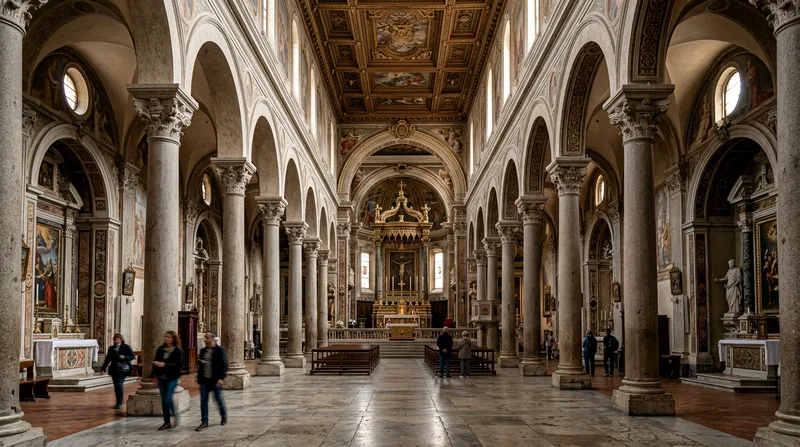 Amalfi Cathedral interior with columns, altar and ceiling detail.