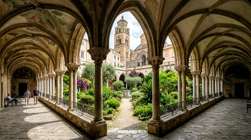Cathedral cloister courtyard with arched stone colonnades and garden.