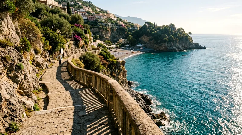 Narrow coastal footpath along Positano cliffs with turquoise sea below and Fornillo Beach visible ahead