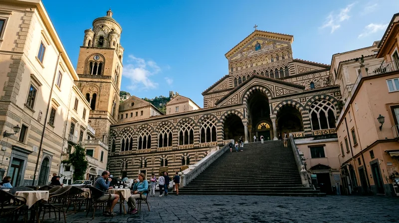 Amalfi Cathedral's distinctive black-and-white striped stone facade in morning light with empty piazza foreground