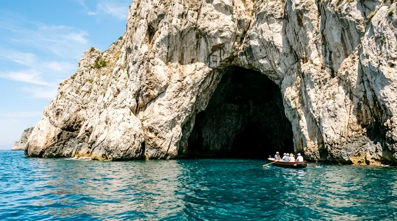 The Emerald Grotto's cave opening in a limestone cliff as a boat approaches from the turquoise sea