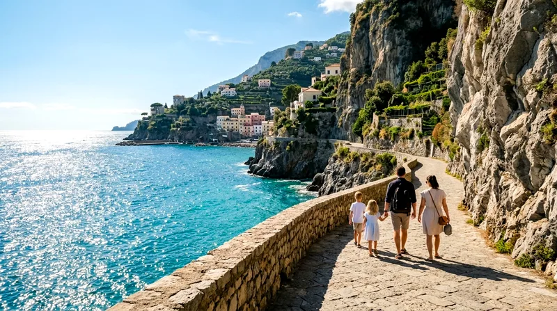 A family with young children walking a flat coastal path with turquoise sea on one side and cliffs on the other
