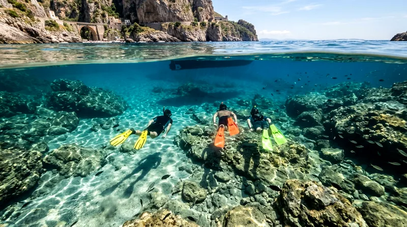 Three snorkelers with fins exploring rocky seabed in clear shallow water.