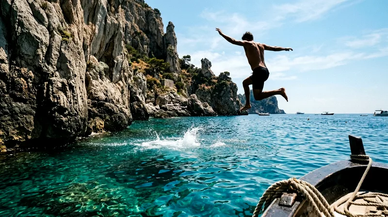 Shirtless man mid-air cliff-jumping from rock ledge into turquoise water.