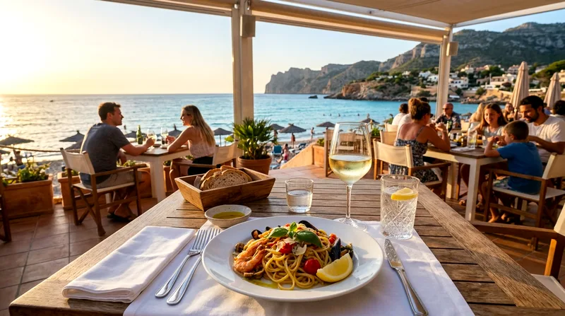 Beach club lunch table with pasta dish and sea view.