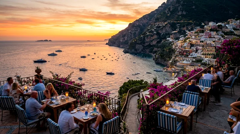 Sunset view from beach club restaurant terrace on the Amalfi Coast