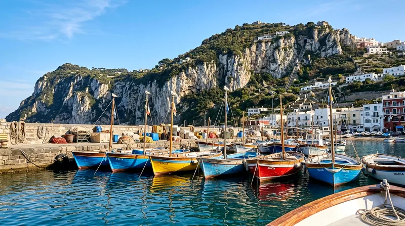 Capri's Marina Grande harbor with colorful fishing boats, stone quay, and white limestone cliffs towering above