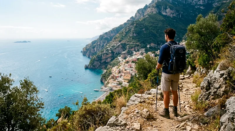 Hiker above Positano looking down at buildings and sea.