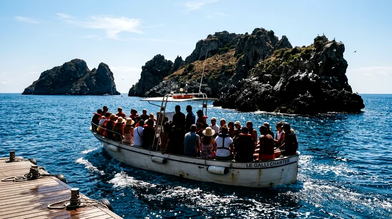 Full group boat passing Li Galli Islands with many passengers aboard.