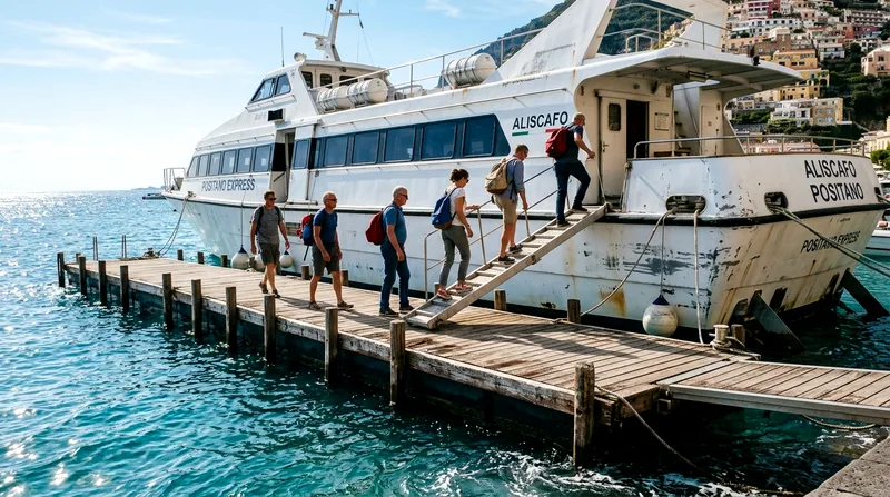 Passengers boarding a white ferry hydrofoil at Positano harbor from a floating dock.