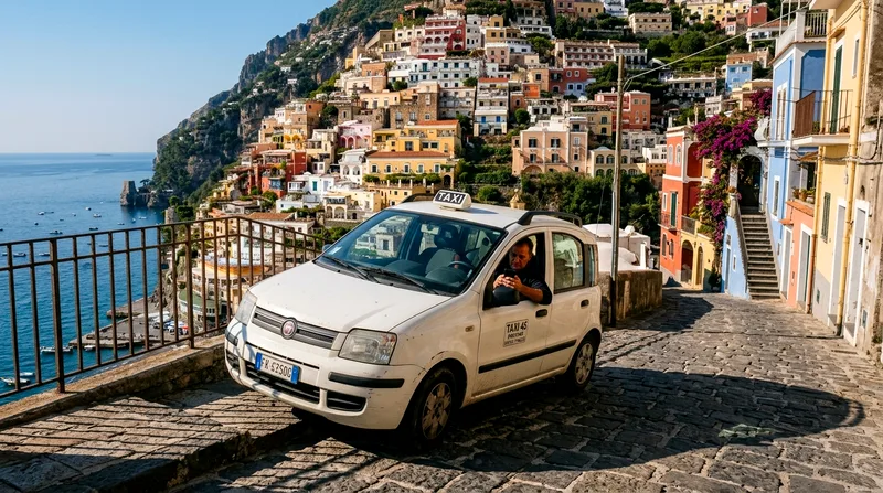 White Fiat taxi parked at Positano street corner with driver inside during morning light.