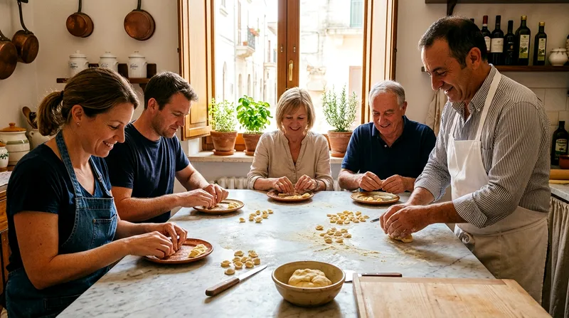 Four cooking class students learning to hand-shape fresh orecchiette pasta on a marble countertop in a home kitchen