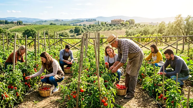 Group of cooking class participants harvesting ripe tomatoes directly from garden plants with a farmer guide nearby