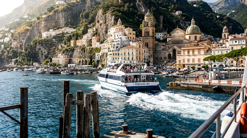 Ferry approaching Amalfi dock with cathedral dome visible in background.