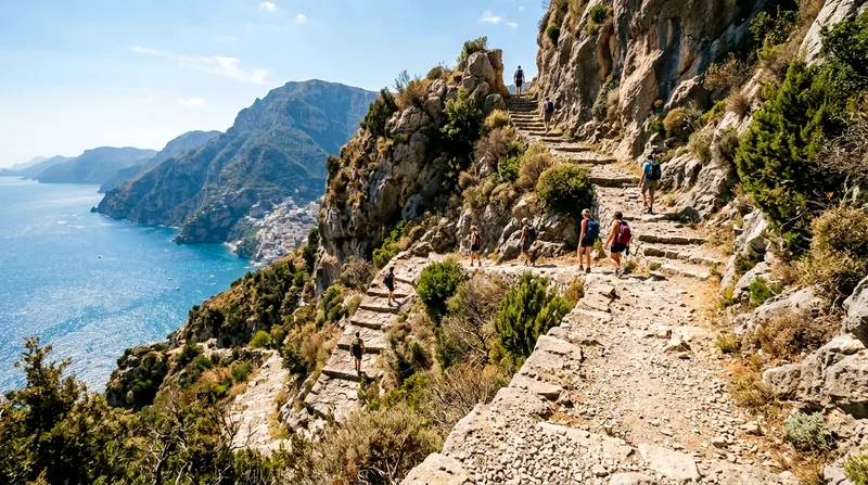 Group of hikers on steep mountain trail with sea vista below.