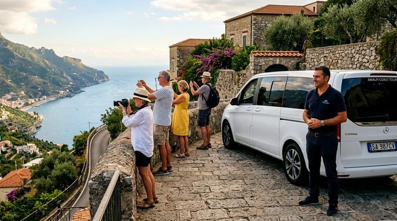 Professional driver standing beside minivan while four tourists photograph the coastline from Ravello viewpoint.