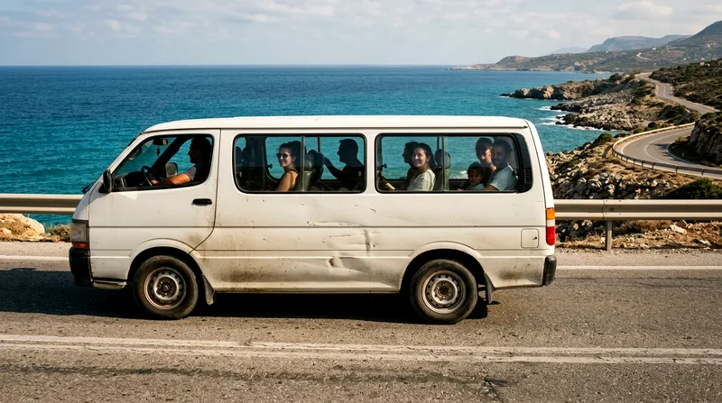 White minivan full of six passengers traveling along coastal road with Mediterranean Sea visible beyond.