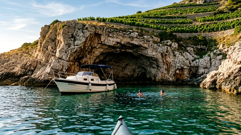 Private motorboat moored alone in a small cove near Conca dei Marini with two swimmers in calm water