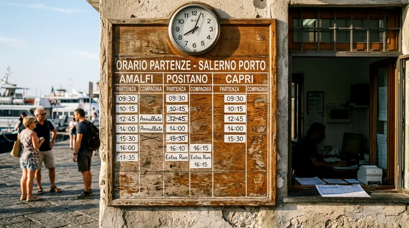 Weathered wooden timetable board at Salerno's harbor ticket office listing ferry departures