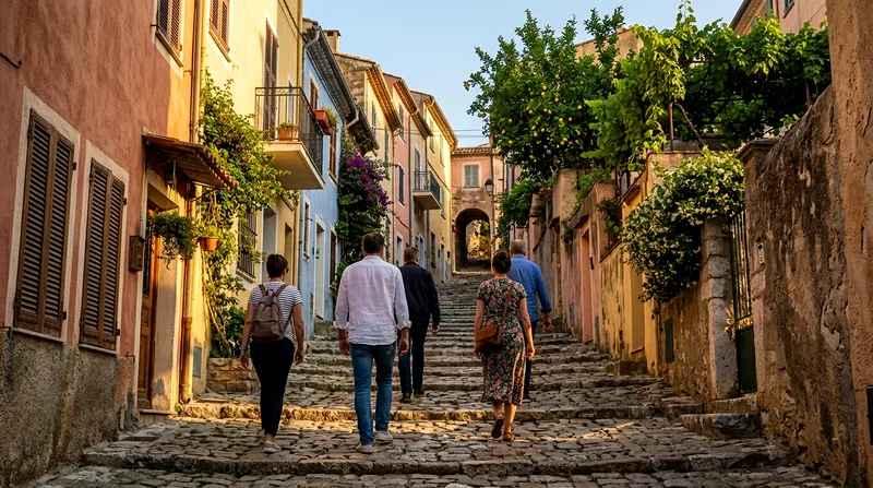Five people walking uphill through narrow Amalfi old-town street lined with pastel buildings.