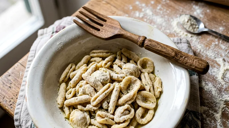 Wooden fork resting on white bowl containing fresh handmade pasta shapes.