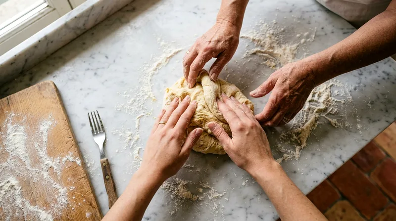 Hands kneading fresh pasta dough on marble surface with flour dust.