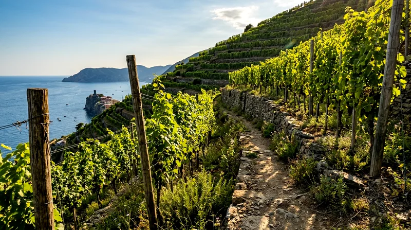 Grapevine terrace on steep hillside with Gulf of Salerno visible below.