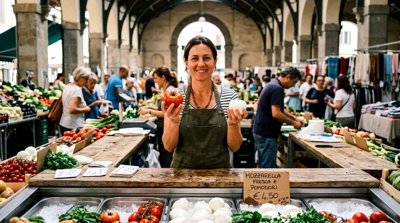 Market guide displaying tomato and fresh mozzarella at vendor counter.