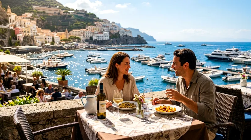 Couple dining at a seaside table in Amalfi with wine and pasta overlooking the harbor and boats