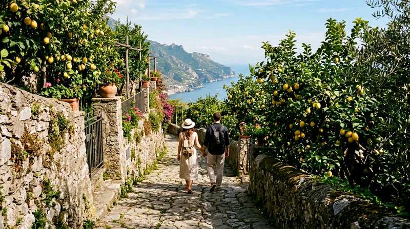 A couple hiking a quiet mountain path near Ravello with lemon trees and distant sea views visible