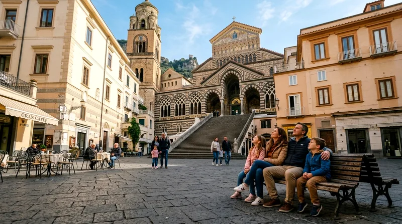 Amalfi Cathedral piazza in morning light with families seated and few crowds around the historic striped facade