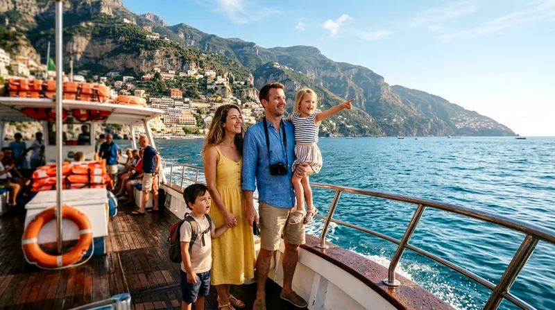 Family of four on a boat tour deck looking toward Amalfi Coast cliffs and buildings in the distance