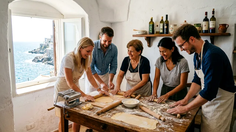 Small group making pasta with instructor in bright Positano kitchen with sea view.