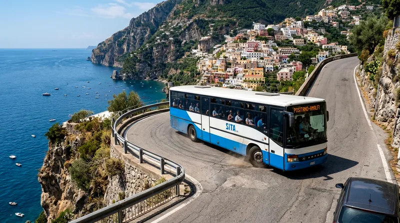 SITA bus navigating tight hairpin turn on narrow coastal mountain road.