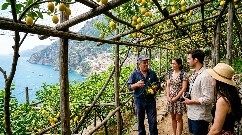 A lemon grove guide showing visitors the traditional pergolato overhead trellis system supporting fruit-laden branches