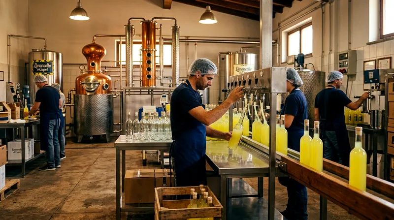 Workers carefully filling glass bottles with pale yellow limoncello at an artisanal production facility