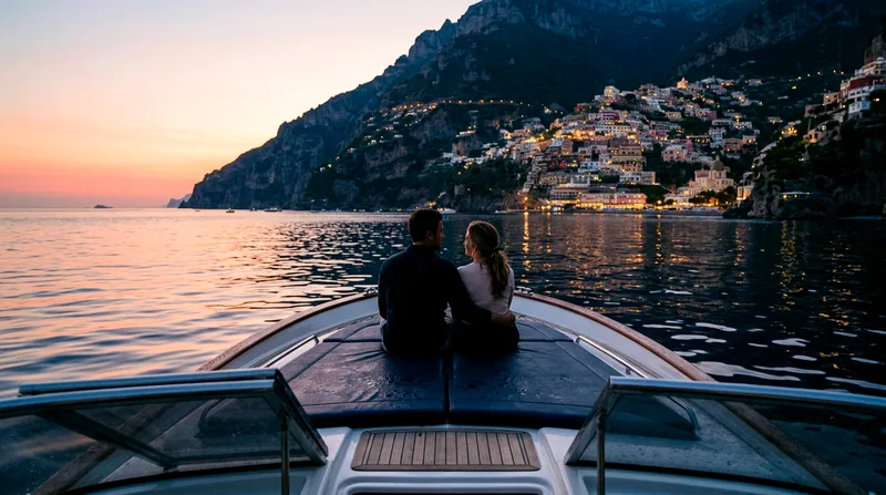 Couple sitting at the bow of a speedboat at dawn with Positano visible in the distance