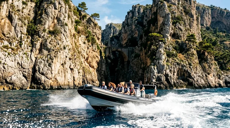 Motorboat speeding near the Furore fjord entrance with limestone cliffs towering above