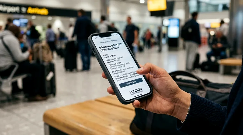 Smartphone displaying transfer booking confirmation with trip details and vehicle information.