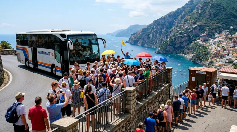 Large coach bus with 40 passengers crowded at Positano viewpoint at midday.