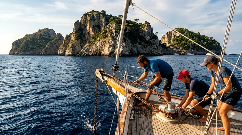 Crew lowering anchor near the Li Galli Islands with rocky limestone formations visible ahead