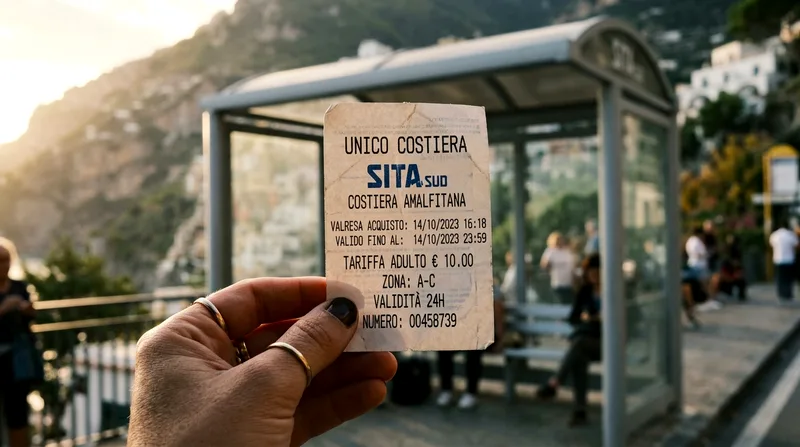 A hand holding a Unico Costiera zone-based travel pass ticket in front of a SITA bus stop shelter.