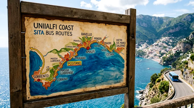 Map of Amalfi Coast SITA bus routes covered by the Unico Costiera pass
