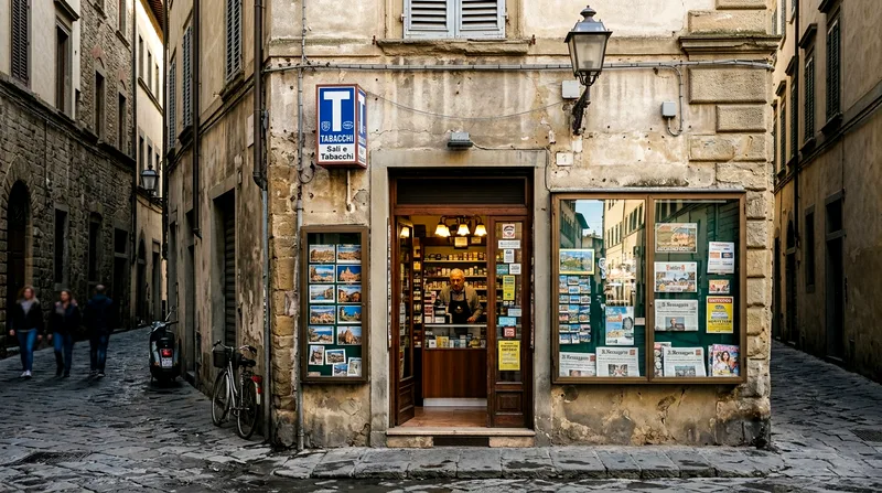 A tabacchi shop storefront with the blue T sign where Unico Costiera tickets are sold.