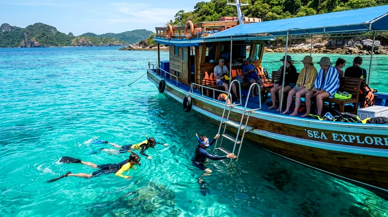 Snorkeling group ladder into turquoise water from tour boat.
