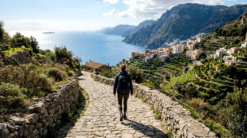 Solo hiker descending the Path of the Gods trail toward Nocelle with sea views visible in the distance