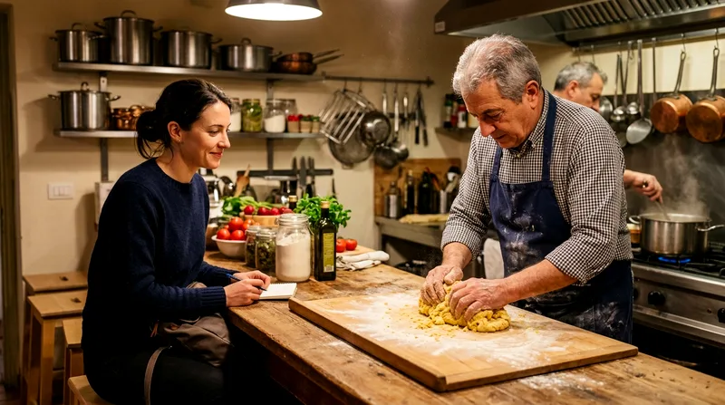 Solo traveler watching a chef demonstrate hand-kneading pasta dough in a small Amalfi Coast cooking class kitchen